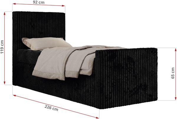 Boxspringbett 90x200 TILIO DUO inkl. Bettkasten & 7-Zonen Multipocket-Matratze, Modernes Jugendbett, Einzelbett - Schwarz Cord - H3 - Rechts Bild 5