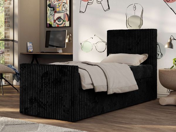 Boxspringbett 90x200 TILIO DUO inkl. Bettkasten & 7-Zonen Multipocket-Matratze, Modernes Jugendbett, Einzelbett - Schwarz Cord - H3 - Rechts