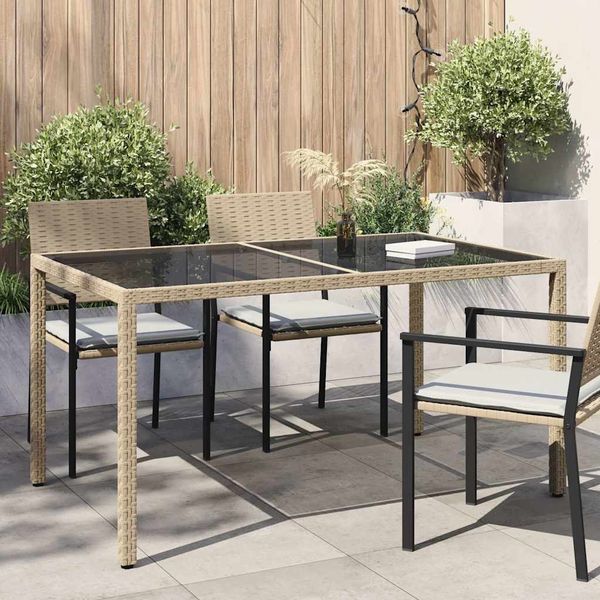 Gartentisch, Balkontisch 150 x 90 x 75 cm Gehärtetes Glas Poly Rattan Beige