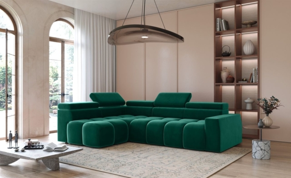Ecksofa Designersofa DARCY in Stoff Salvador Flaschengrün Ottomane Links