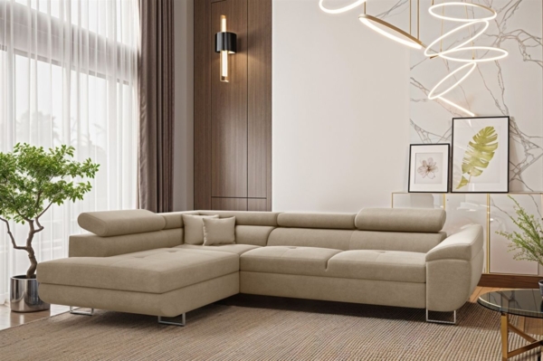 Ecksofa Schlafsofa Sofa CARMELO in Stoff Nova Beige Ottomane Links