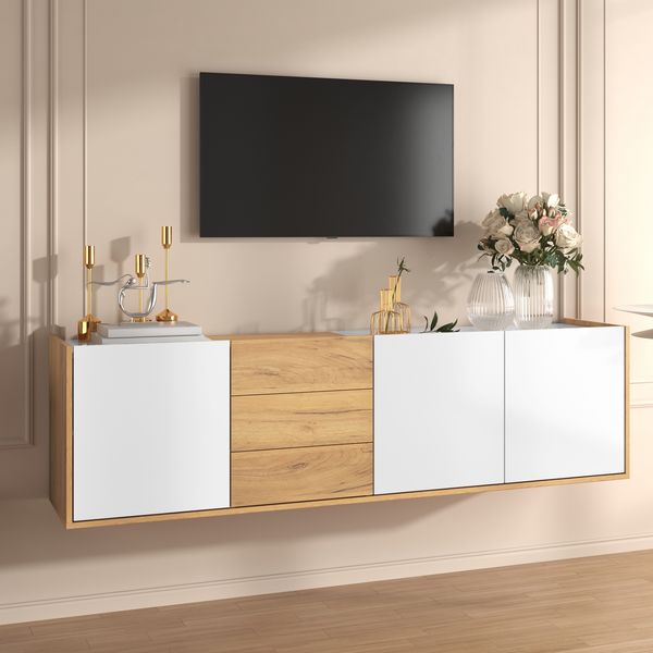 TV-Schrank 171 cm Weiß Holzoptik mit 3 Türen & 3 Schubladen, Lowboard mit verstellbaren Regalen
