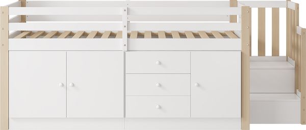 Kindereinzelbett 90×200 cm aus MDF mit Treppe, Schubladen und zweißSchränken, weiß Bild 6