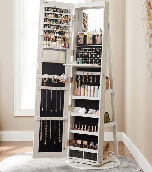 Songmics Schmuckschrank mit rahmenlosem Ganzkörperspiegel, 360° drehbar, abschließbar, Oberfläche weiß | Innenfutter schwarz, 162 x 54,5 x 54,5 cm