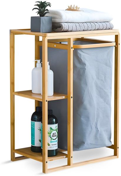 Avilia Badezimmerschrank aus Bambus mit Wäschekorb aus Stoff und 2 Einlegeböden – 50 x 30 x 70 cm – Fassungsvermögen des Korbs 15 kg, Ablagen 6 kg – Korb für schmutzige Tücher, geeignet für Bad und