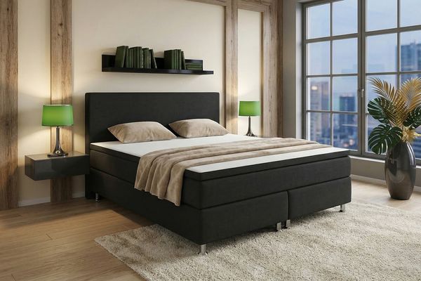 M-Punkt24 Boxspringbett MILANO (Grau / Anthrazit, mit 7 Zonen Taschenfederkern-Matratze, inkl. Topper), SOFORT LIEFERBAR