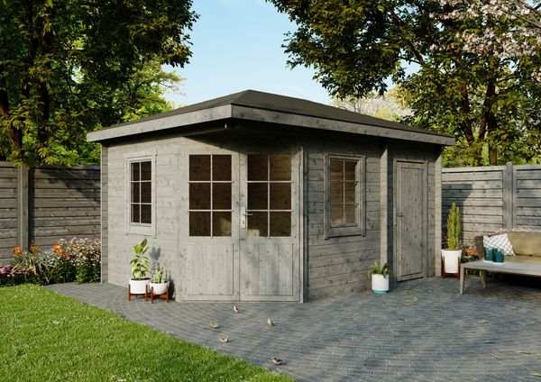 Fjordholz 5-Eck Gartenhaus Modell Evelyn 3D Grau