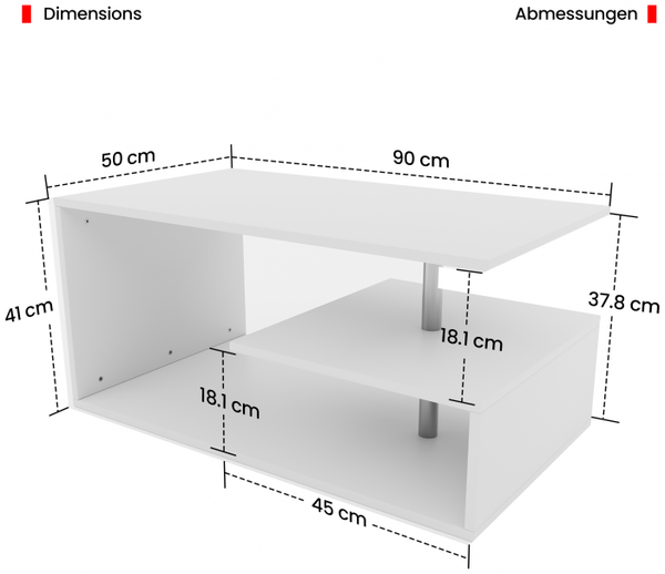 MIADOMODO® Couchtisch - 90x50 cm, mit Stauraum, Modern, Eckig, Asymmetrisch, Leicht, Lang, Niedrig, Weiß - Wohnzimmertisch, Sofatisch, Kaffeetisch, Beistelltisch Bild 8