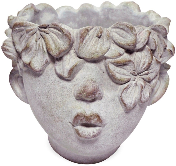 matches21 HOME & HOBBY Blumentopf Kopf mit Blüten & Blättern Kussmund Pflanztopf Zement 12 cm (1 St)