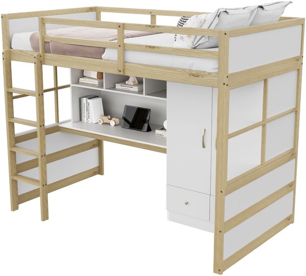 Hochbett 90x200 cm mit Schreibtisch,Schubladen & Kleiderschrank,Kinder & Jugendbett platzsparend Holzoptik Bild 7