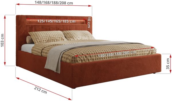 Polsterbett GOLD 5 CLASSIC 140 x 200 cm mit LED-Beleuchtung & Bettkasten, Doppelbett inkl. Lattenrost, Metall-Lift-System & Stauraum - Orange Plüsch Bild 7