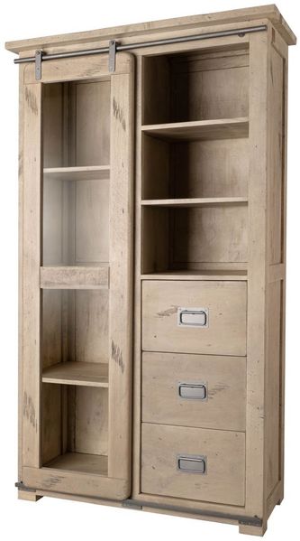 Vitrinenschrank Schrank 100x175 1 Tür 3 Schubladen Mango Holz massiv geweißt