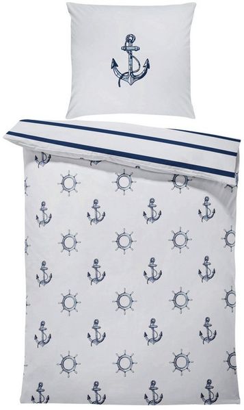 MTOnlinehandel Bettwäsche Anker 135x200 + 80x80 cm, Renforcé, maritimes Design in Hellgrau/Blau, 100% Baumwolle, 2 teilig, Küstenflair zum Wohlfühlen