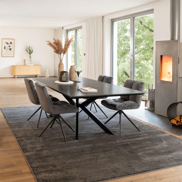HOME DELUXE Essgruppe Eckig AVENCIA inkl. Sternfuß - 200 x 120 cm Dark Oak 4 Stühle Hellgrau