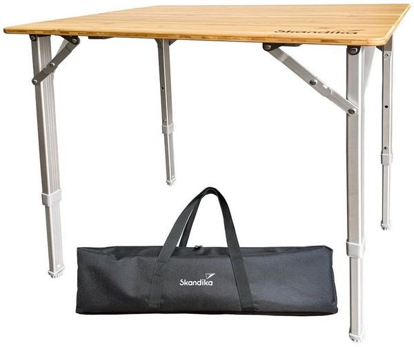 Skandika Campingtisch Tolja Bambus Falttisch mit Netzablage, 3-Fach höhenverstellbar (Netzablage (Klettbefestigung), Verstellbare Füße), Tragetasche, wetterfest, UV-beständig, Klapptisch für Garten, Balkon