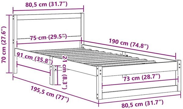 vidaXL Bettrahmen mit Kopfteil Natur 75 x 190 cm Massives Kiefernholz 873298 Bild 10