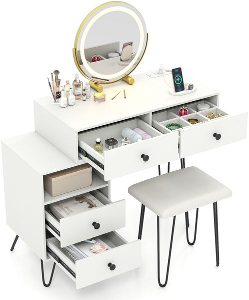 Schminktisch Set mit Hocker & Beleuchtung & Steckdose & Drehbarer Spiegel Kosmetiktisch