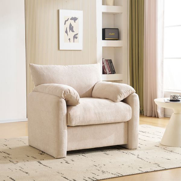 Relaxsessel mit Sitzfläche 96x52 cm, Beige, Chenille, Schaumstoffpolsterung, Holz- und Eisenrahmen,84x96x82 cm