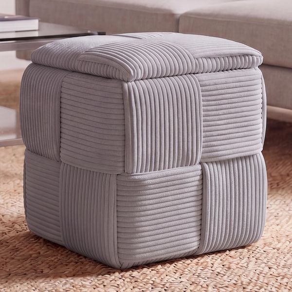 Hocker HWC-Q47, Sitzhocker Ottomane Polsterhocker Pouf, Deckel Staufach Stoff Cord (260g/m²) 43 x 40 x 40 cm ~ dunkelgrau