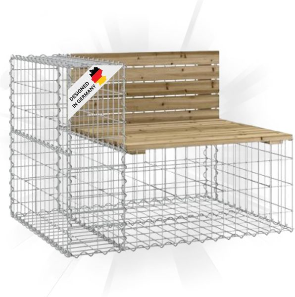 Gartenbank Gabionen INO aus Stahl 92x71x65,5cm Kiefernholz Braun Gabionenbank Gartenbank mit Sitzfläche aus Gabionen Steinkorb Gabionengitter Ziergabione Drahtkorb befüllbar