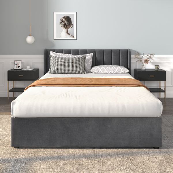 Polsterbett 160x200 cm in Grau – Samt mit stabilen Lattenrost und 2 Schubladen, ohne Matratze