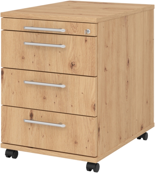 bümö Rollcontainer mit Schubladen, Container abschließbar aus Holz in Asteiche - Rollwagen für's Büro als Schreibtisch Unterschrank, Bürocontainer od. Schreibtischcontainer mit Relinggriffe, AC30-R-R-RE