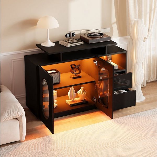 REDOM Sideboard mit praktischem Stauraum, Hochglanzoptik und ovalen Glastüren (LED-Anrichte, Küchenschrank, 120 x 40 x 80 cm)