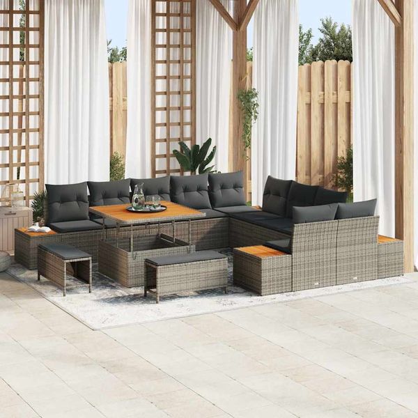 vidaXL Gartensofa-set mit Kissen mit Speicher 13 pcs Grau Poly Rattan 3364918
