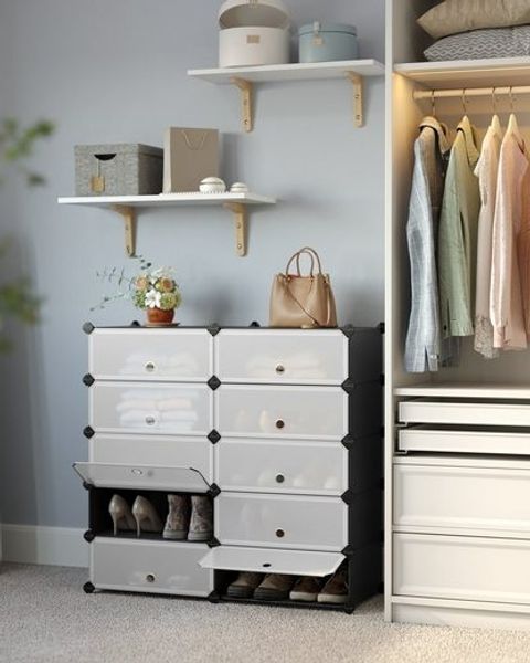Songmics Schuhregal mit 10 Ebenen, Steckregal, Regalsystem, Schuh-Organizer, DIY-Regal, mit Tür, aus PP-Kunststoff, schwarz LPCDE10HV1