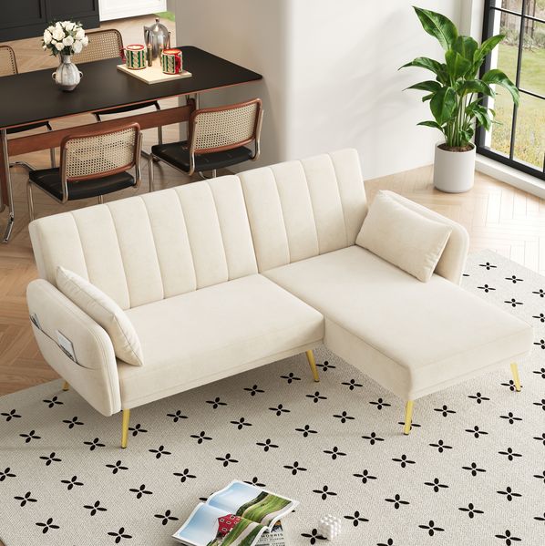 Ecksofa 191,5 x 130,5 x 80 cm mit Schlaffunktion – L-Form, verstellbare Rückenlehne, Samt in Beige