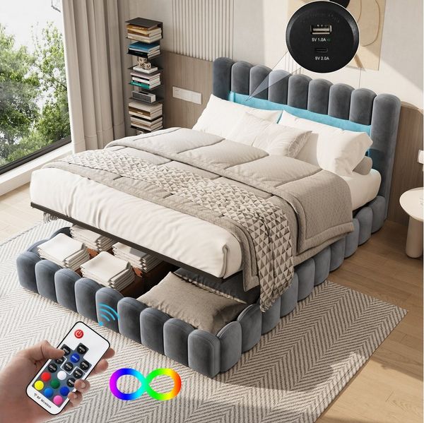 Gdood Polsterbett Stauraumbett Doppelbett LED (Type-C + USB, Hydraulisch hebbarer Stauraum), Mit Bettkasten, LED-Beleuchtung, USB-Anschluss, 180x200 cm