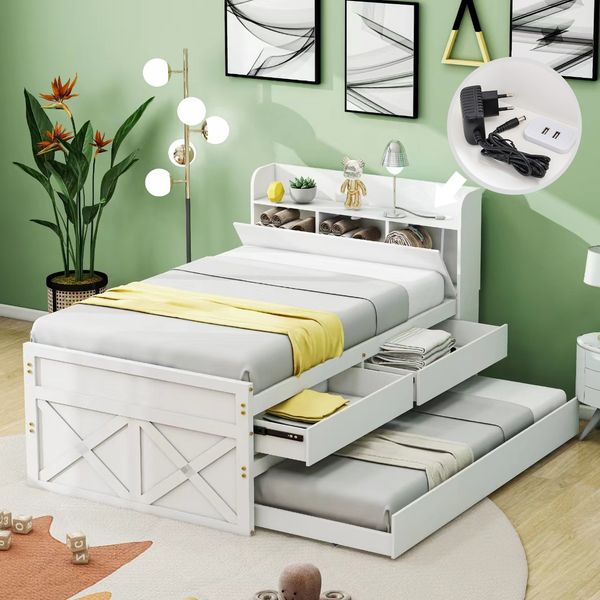 Einzelbett 90x190 cm mit Ausziehbett, 2 Schubladen und Nachttisch mit USB – Massivholz weiß