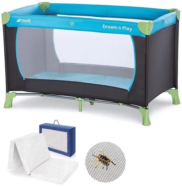 hauck Baby Reisebett Set Dream n Play mit extra Alvi Komfort Matratze und Moskitonetz - faltbares Kinder Babyreisebett mit Tasche - Waterblue