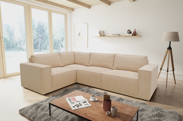 DOMO. collection Ecksofa 100017, Couch in L-Form mit Rückenkissen und Armlehnen, Sofa, Polsterecke, Eckcouch, Polsterganitur 217 x 197 x 84 cm (BxTxH), creme