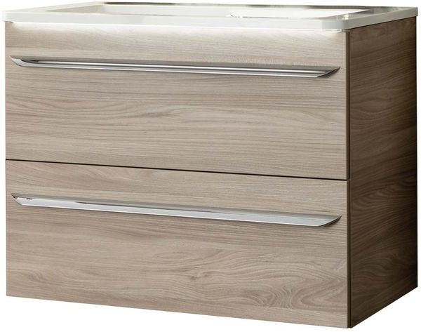 FACKELMANN LUXOR Waschbecken mit Unterschrank 80 cm breit, Braun hell, Waschbecken Gussmarmor Weiß