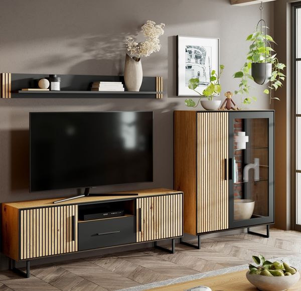 Wohnwand >Eddie< (3-teilig) in Eiche / schwarz - 287x173x40 (BxHxT)