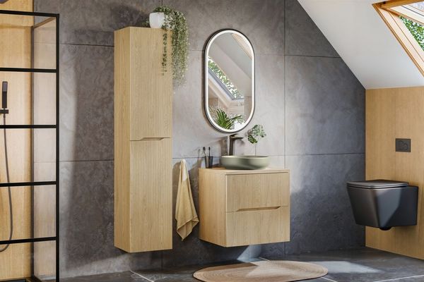 Badmöbel Set 4-tlg Badezimmerset AVOLI Cremona Eiche Spiegel 50cm inkl. Waschtisch