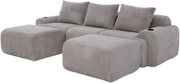 Modulares 3-Sitzer Cordsofa m. 2 Hockern, Getränkehalter, Tasche, Hellgrau Bild 9