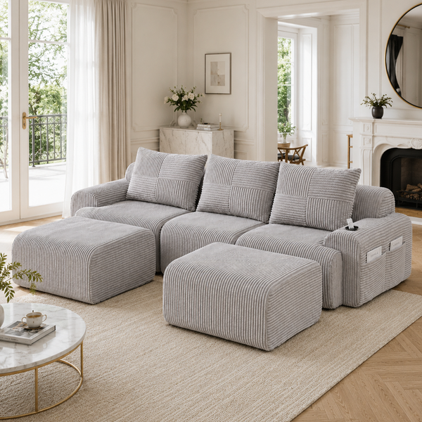 Modulares 3-Sitzer Cordsofa m. 2 Hockern, Getränkehalter, Tasche, Hellgrau