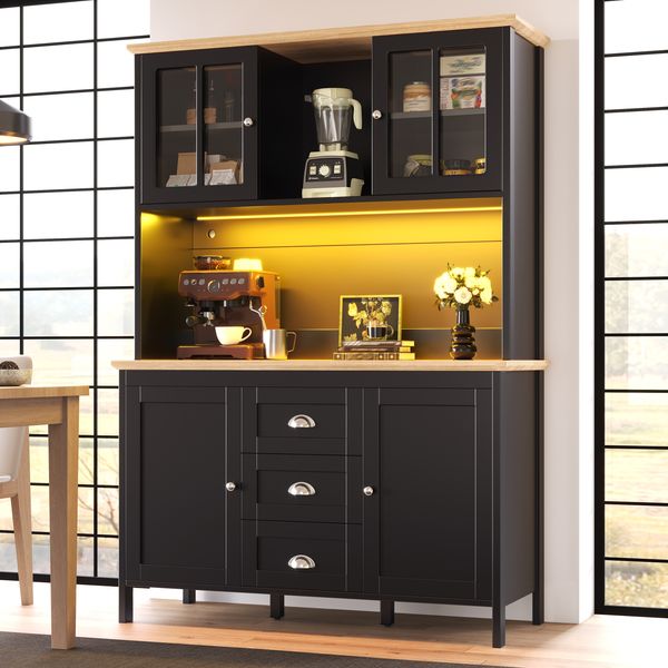 Highboard 120 x 40 x 179 cm mit LED, 4 Türen, 3 Schubladen, MDF in Schwarz