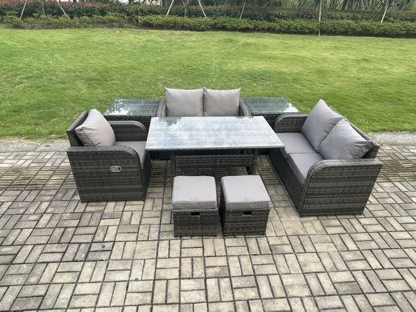 Fimous 7 Sitzer Rattan Garten Sofa Set Gartenmöbel Langer Rechteckiger Esstisch mit Sesseln 2 kleine Fußhockern 2 Beistelltischen Dunkelgrau gemischt