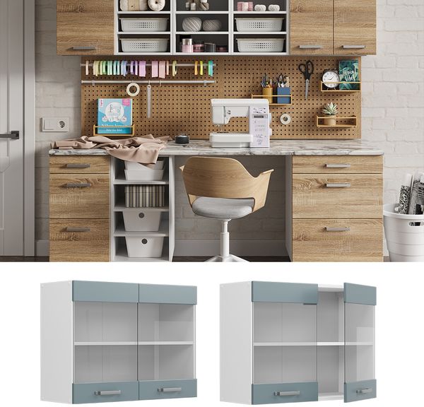 Hängeschrank R-Line Blau-Grau 80 cm mit Glastüren Vicco Bild 2