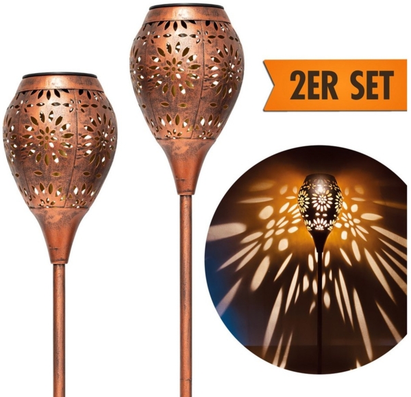 IC Gardenworld LED Solarleuchte 2 Stück LED Solarleuchten für außen aus Metall in Kupfer-Vintage Optik, LED fest integriert, ca. 75 cm hoch, Gartenfackel mit warm-weißer Beleuchtung