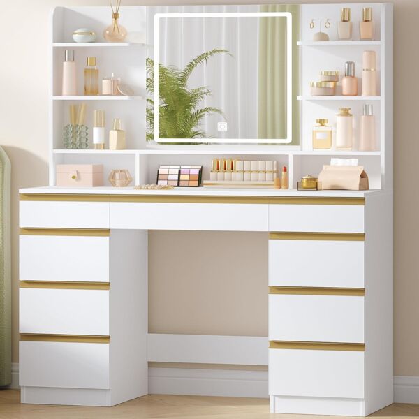 Großer Schminktisch mit LED-Beleuchtung, 3 Farben, Helligkeitsregulierung, Schminktisch mit Spiegel, 9 Schubladen, 9 offenen Ablagen, Moderner Stil, Weiß-Gold