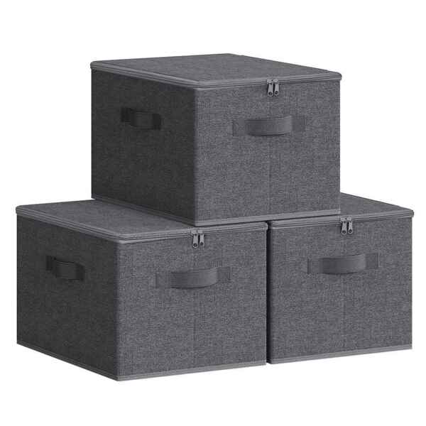 SONGMICS Aufbewahrungsbox mit Deckel, 3er Set, faltbare Stoffbox mit Griffen, Aufbewahrung für Kleidung, 40 x 30 x 25 cm, Vliesstoff, schiefergrau