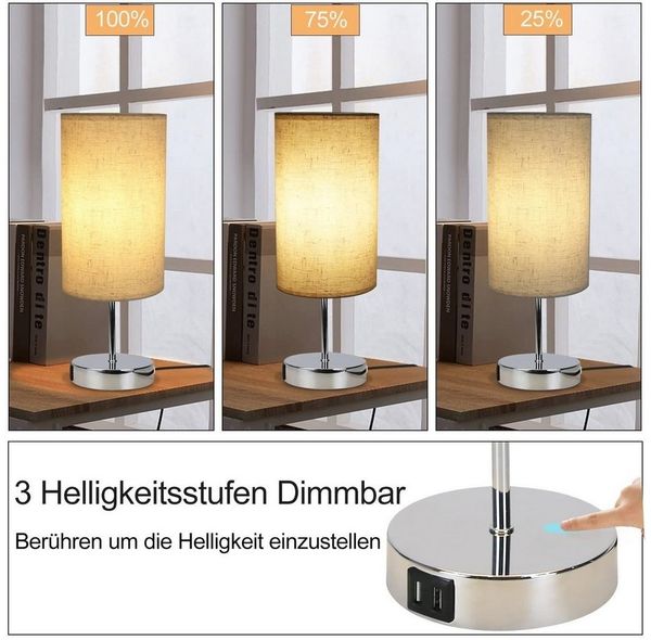 Nettlife Nachttischlampe Nachttischlampe touch dimmbar mit Ladefunktion USB, mit Ladefunktion USB, LED wechselbar, Warmweiß, für Schlafzimmer kinderzimmer Bedside