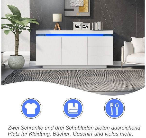 Merax Sideboard hochglanz mit LED inkl. Fernbedienung, Schubkastenkommode, Lowboard,Beistellschrank,Breite 140cm Bild 2