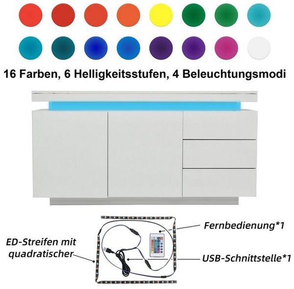 Merax Sideboard hochglanz mit LED inkl. Fernbedienung, Schubkastenkommode, Lowboard,Beistellschrank,Breite 140cm Bild 4