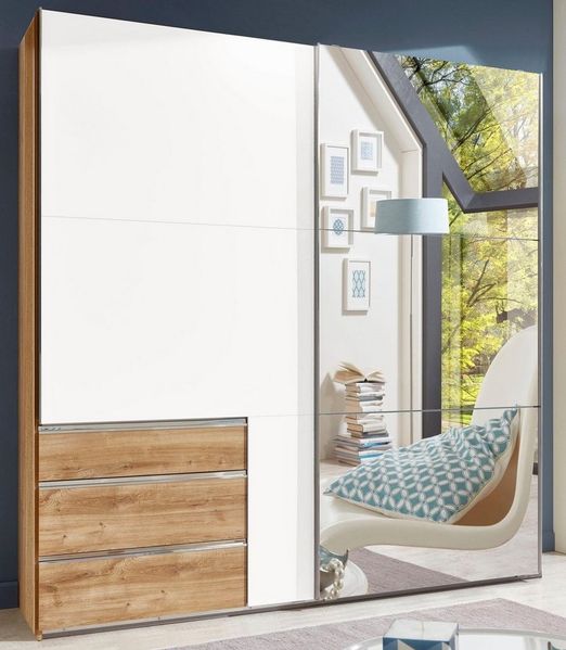 Schwebetürenschrank LEVEL 36 A, 200x216, Spiegel/Schubladen, Weiß/Plankeneiche
