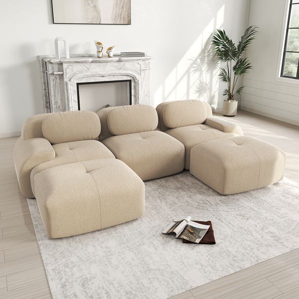 Ecksofa in Beige, modular, aus Cordstoff, rahmenlos mit 32D-Schaumpolsterung,298 x 178 x 75 cm